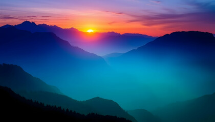 Fototapeta premium Majestic Sunrise Over Misty Mountain Ranges Serene Nature Landscape Photography