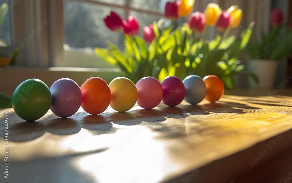 Aufkleber brightly colored easter eggs displayed elegantly with tulips in the background of sunlit room : gene