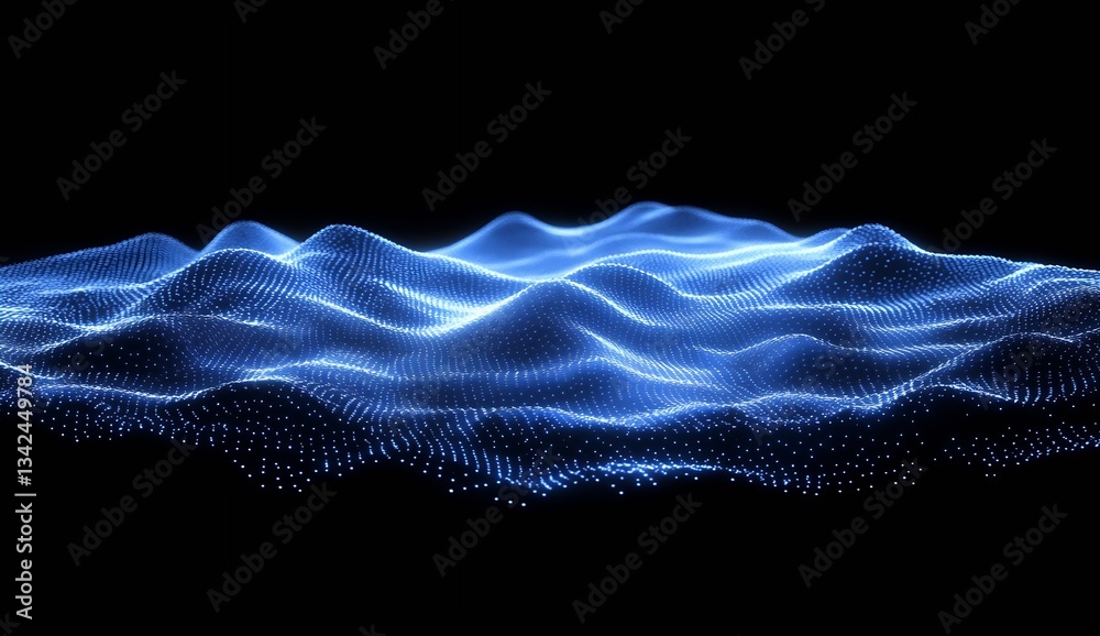 Poster captivating blue and white light waves forming a beautiful digital terrain against a dark background