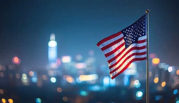 American flag waving against a vibrant urban skyline at night showcasing bright city lights : Generative AI - Powered by Adobe
