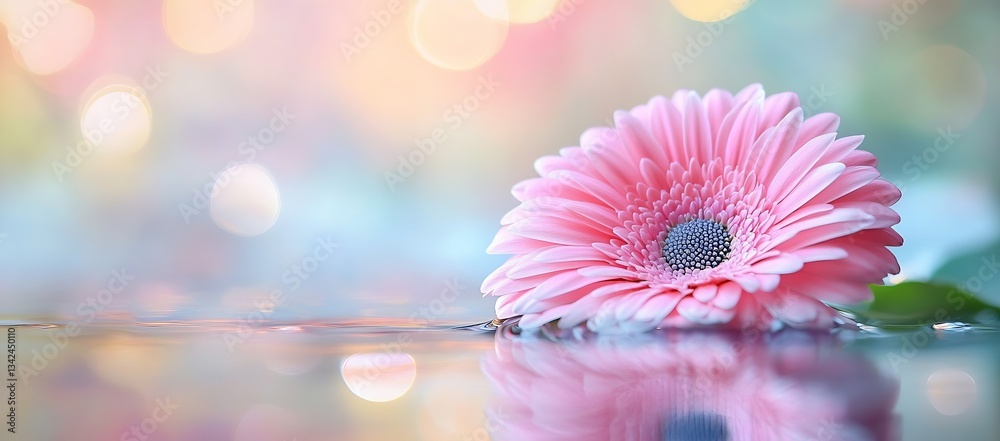 Poster graceful pink flower petals resting on water with gentle light reflections and soft pastel backgroun