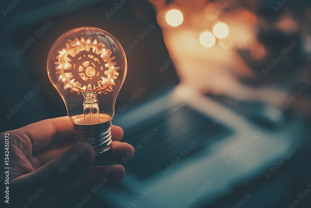 Poster elegant light bulb with glowing gears portraying creative energy in a modern setting : generative ai