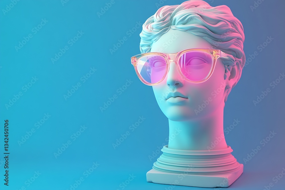 Poster an artistic representation of a marble bust adorned with clear pink sunglasses creating a striking v