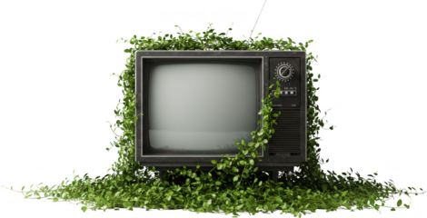 Vintage Television Set Overgrown with Lush Green Vines Nature Scene Retro Technology Ecology Concept