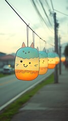 Cute Cat Lanterns Illuminate Street at Dusk.