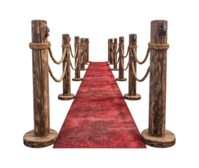 Elegant Red Carpet Pathway Surrounded by Rustic Rope Barriers, Perfect for Premieres and Special Events, Creating a Glamorous Entrance, Isolated on Transparent and White Background