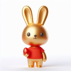 Obraz premium 3D cheerful gold bunny with friendly eyes, cute in cartoon style, wearing a red t-shirt, holding a small red Easter egg, against a white background
