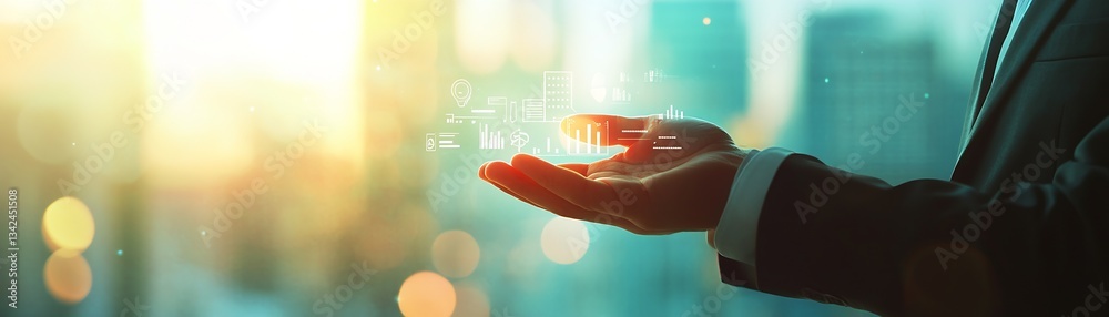Poster Professional hand displaying glowing graphs and data visualizations in a bright business environment : Generative AI