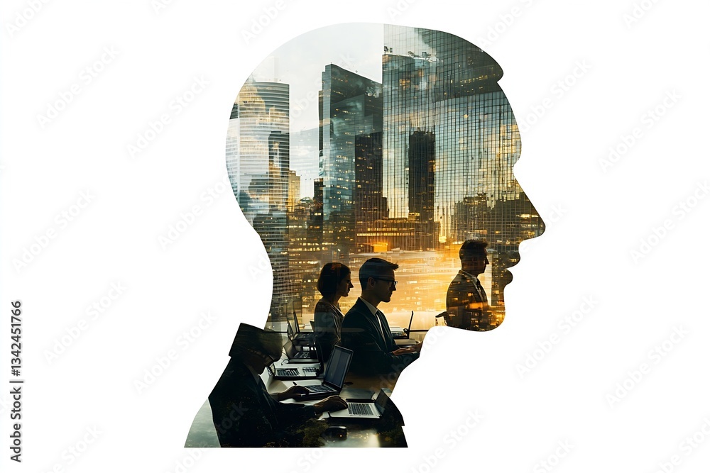 Poster dynamic double exposure of business people in modern office with city skyline and reflections : gene