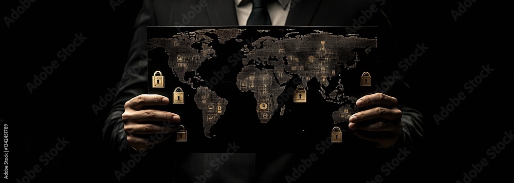 Aufkleber Stylish Black and Gold World Map with Security Icons Representing Data Protection and Privacy : Generative AI