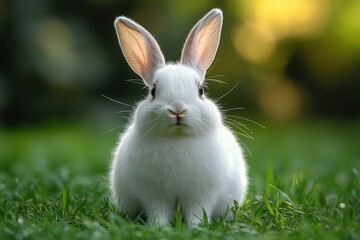 Fluffy White Rabbit Gazing Directly at the Camera in a Lush Green Setting During Golden Hour