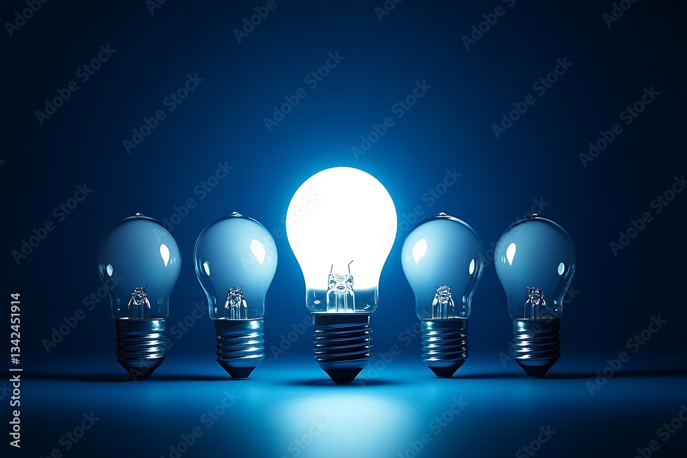 Poster brilliant light bulb in focus surrounded by dim bulbs creating a striking contrast on blue backgroun
