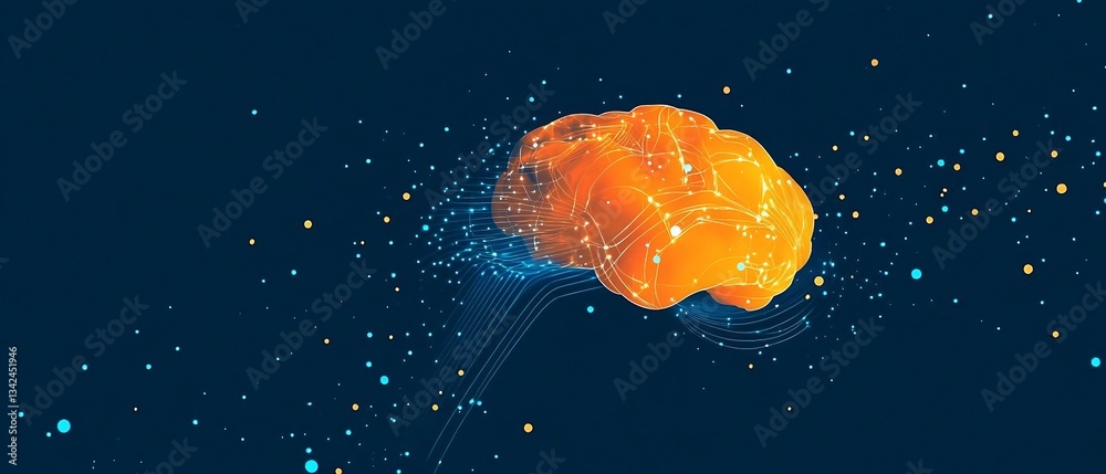 Aufkleber A Brightly Colored Brain with Digital Connections Representing Advanced Technology and Neural Networks on a Blue Background : Generative AI
