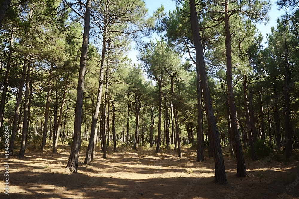 Poster tall pine trees surrounded by sunlight in a quiet forest clearing : generative ai