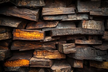A weathered, ancient woodpile whispers tales of time and resilience, showcasing rich dark browns and glowing amber accents.
