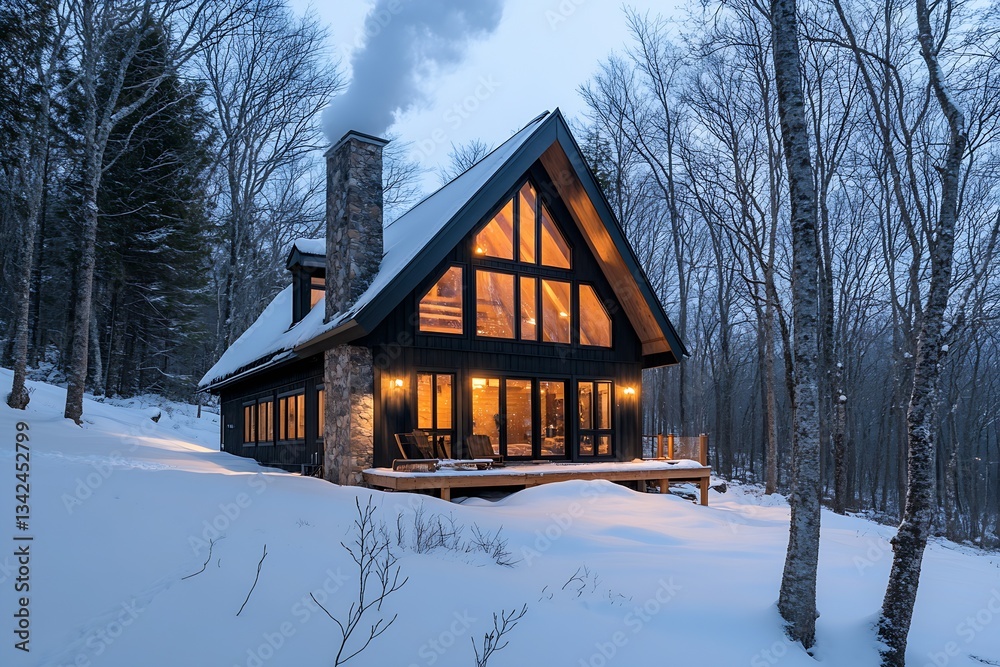 Poster elegant cabin nestled in snowy woods with glowing windows reflecting winter charm : generative ai