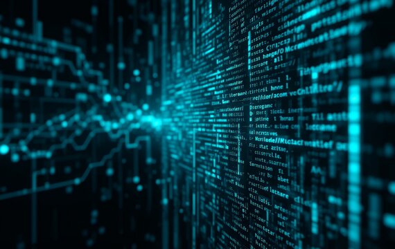 Abstract visualization of digital information flow with code strings