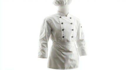 A pristine white chef uniform stands isolated against a white background