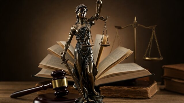 Lady Justice statue with scales and books, symbolizing justice. A detailed statue of Lady Justice, holding scales and a sword, stands amidst open law books and a gavel on a wooden table.