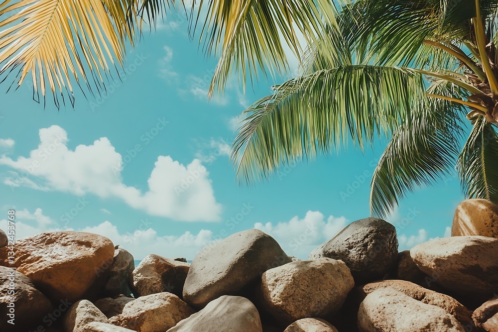Poster Palm trees swaying gently beneath a bright sky with clouds and rocks at the beach shore : Generative AI