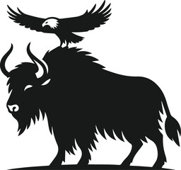Yak standing with an eagle flying overhead vector silhouette