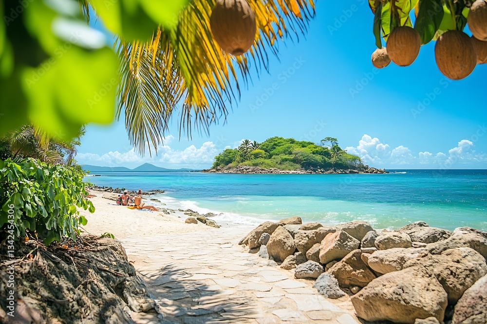 Poster Charming beach pathway lined with palm trees and colorful rocks leading to a serene island : Generative AI