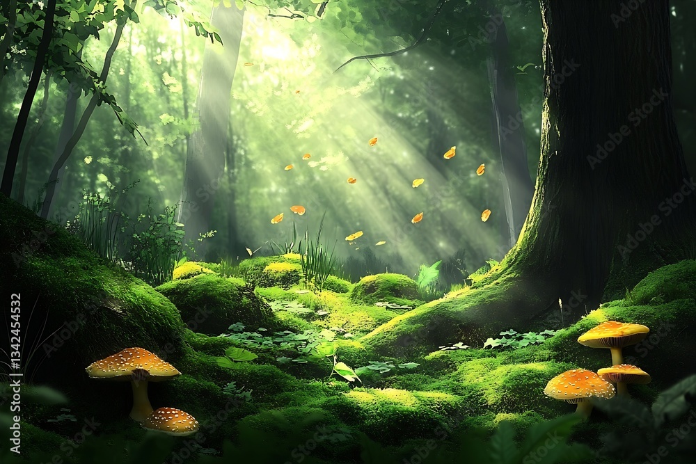 Aufkleber enchanting forest scene with soft sunlight illuminating vibrant green moss and colorful mushrooms : 