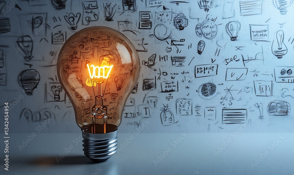 Poster Elegant shining light bulb showcased in a stylish workspace decorated with sketches and concepts : Generative AI