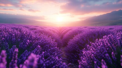 Obraz premium Lavender Sunset: Serene Purple Fields at Golden Hour