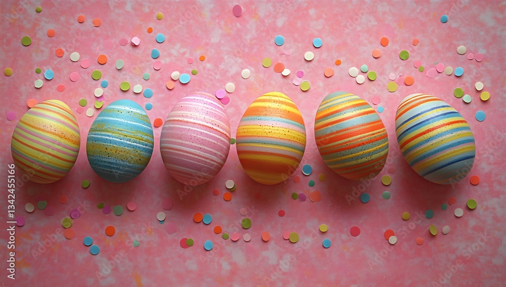 Aufkleber a lineup of beautifully painted easter eggs on a pink background adorned with playful confetti for a