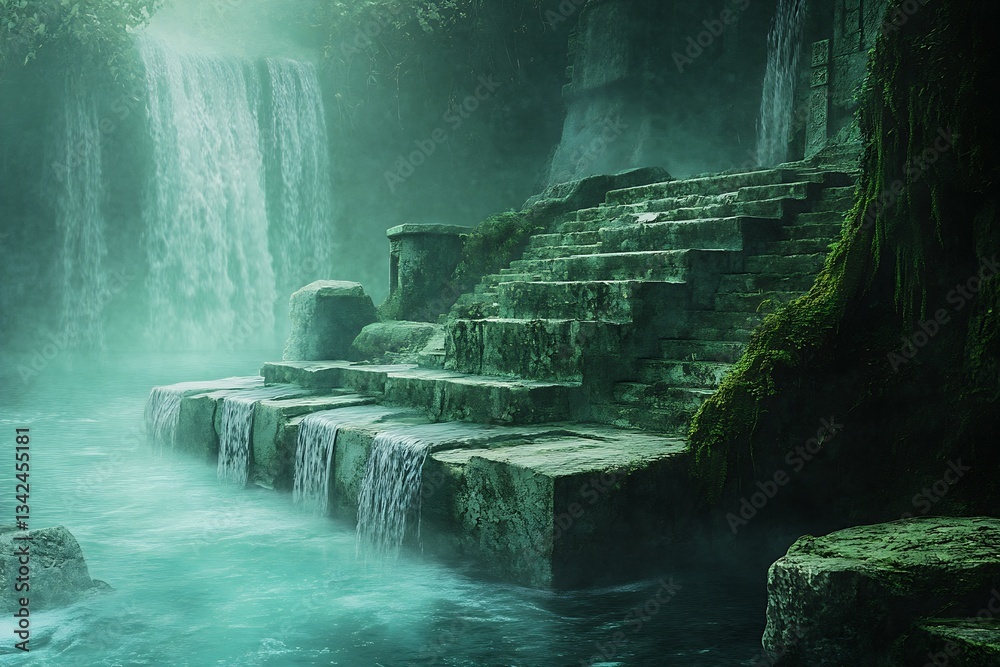 Poster ancient steps leading to a waterfall with lush green surroundings in a cave : generative ai