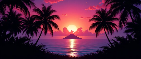Fototapeta premium Dreamy tropical sunset with silhouettes of palm trees and tranquil ocean view