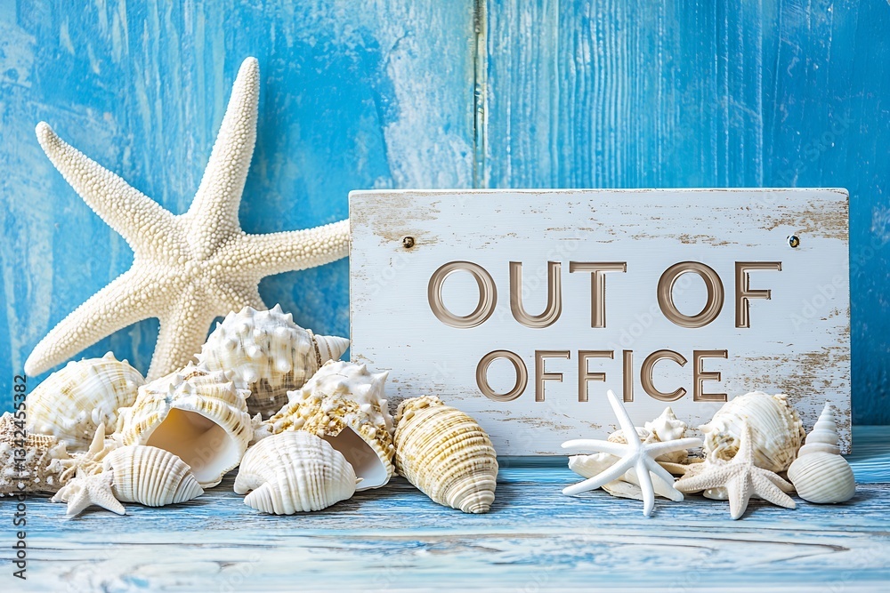 Aufkleber elegant arrangement of seashells with a rustic out of office sign on a weathered blue wooden surface