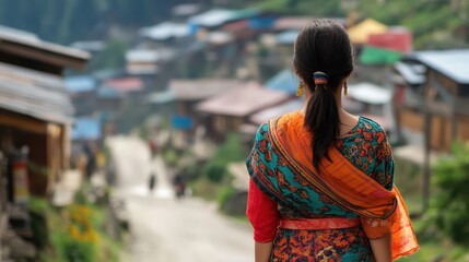 Fototapeta premium A woman overlooking a village from a higher vantage point