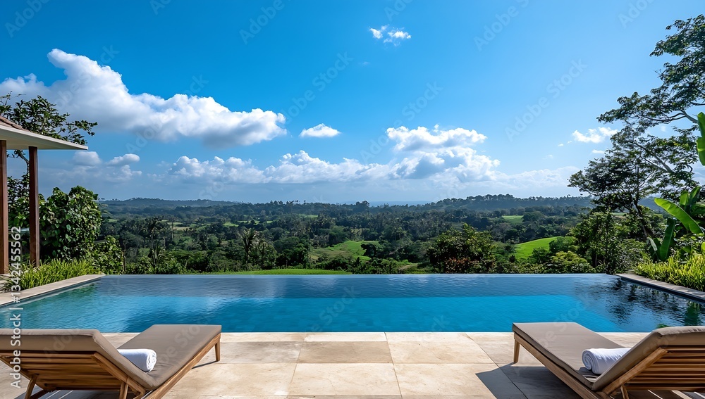 Poster elegant pool area with mountain view and clear blue sky providing a serene escape : generative ai