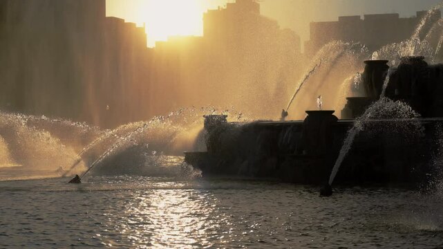 Buckingham Fountain in downtown Chicago, Illinois, with a stunning water display. Slow motion