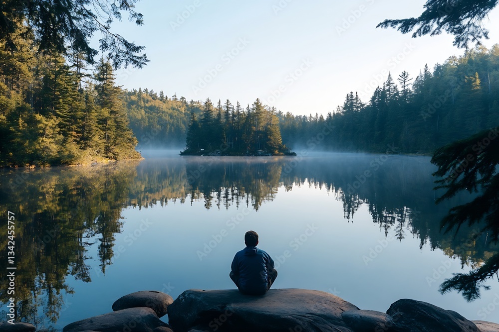 Aufkleber calming view of a man contemplating nature by the misty lake amidst towering pines : generative ai
