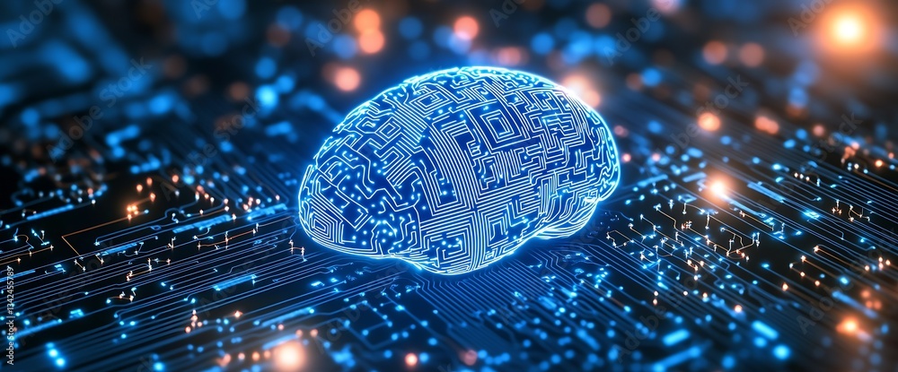 Poster Futuristic digital brain design with circuit patterns glowing in a technology background : Generative AI