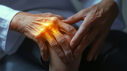Obraz premium Elderly hands with arthritis pain highlighted, showing care and concern. image captures tenderness and vulnerability associated with aging and joint discomfort