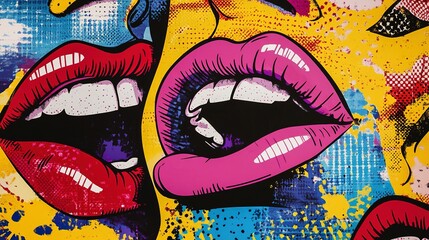 Vibrant pop art depicts multiple brightly colored open mouths