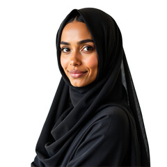 Naklejka premium Portrait of serene Arabian Muslim woman in black hijab. Elegant, gentle, and isolated on transparent background. Ideal for Ramadan, cultural, and faith-based content.