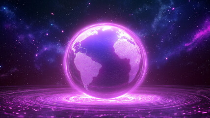Fototapeta premium glowing purple Earth floats in cosmic setting, surrounded by vibrant, swirling energy field. scene is set against backdrop of stars and galaxies, creating futuristic and mystical atmosphere