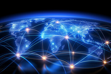 Naklejka premium glowing digital world map with interconnected lines represents global communication and network connectivity. blue and orange lights highlight major connection points across continents