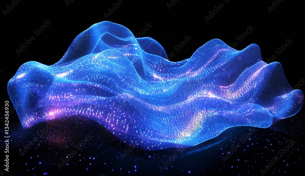 Poster Dynamic digital creation displaying flowing blue waves with a glittering effect resembling liquid light : Generative AI