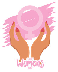 Hands holding Venus symbol with pink Womens Day design Vector