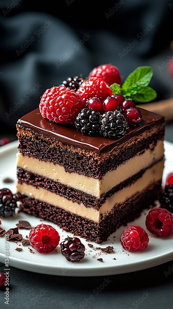 Poster Gourmet chocolate cake slice artfully adorned with fresh berries and creamy layers inviting a delightful tasting experience : Generative AI