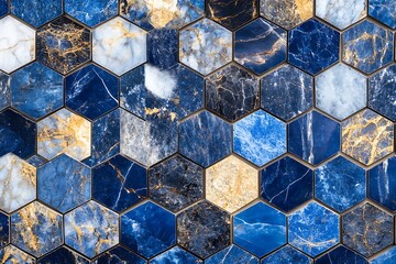 Fototapeta premium Hexagonal azure marble tiles creating 3d optical illusion subtle white veining glossy finish under soft lighting
