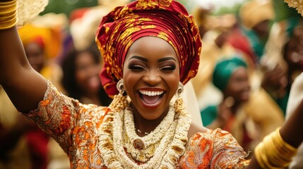 Fototapeta premium Joyful woman celebrating in traditional colorful wedding attire with jewelry