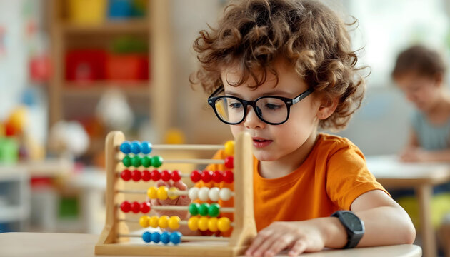 little boy playing with abacus