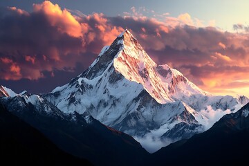 Majestic snow capped mountain peak illuminated by sunset under dramatic clouds : Generative AI